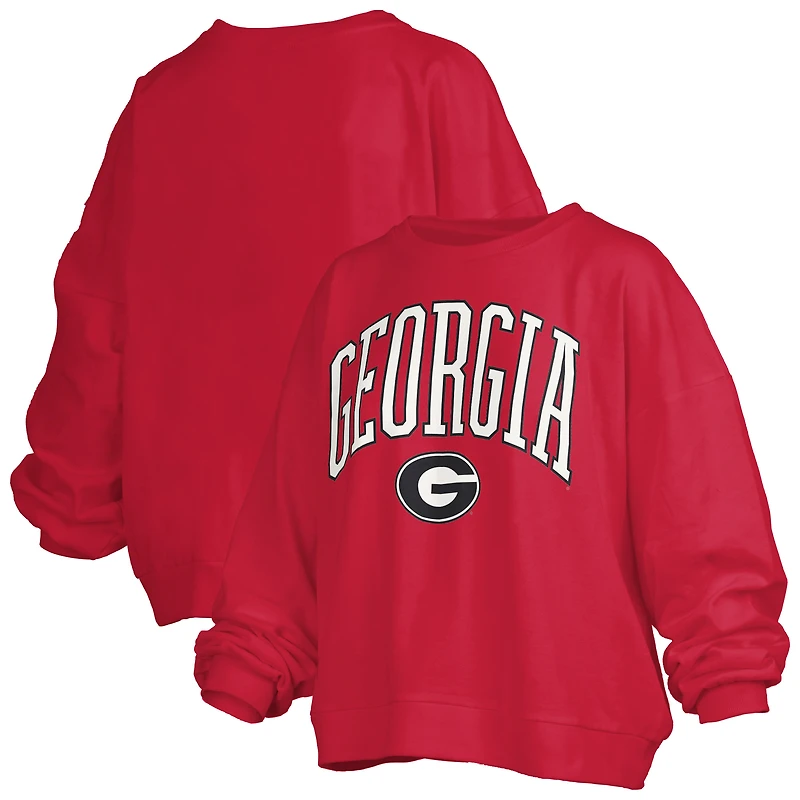 Women's Pressbox Red Georgia Bulldogs Janise Arch Over Logo Waist Length Oversized Pullover Sweatshirt