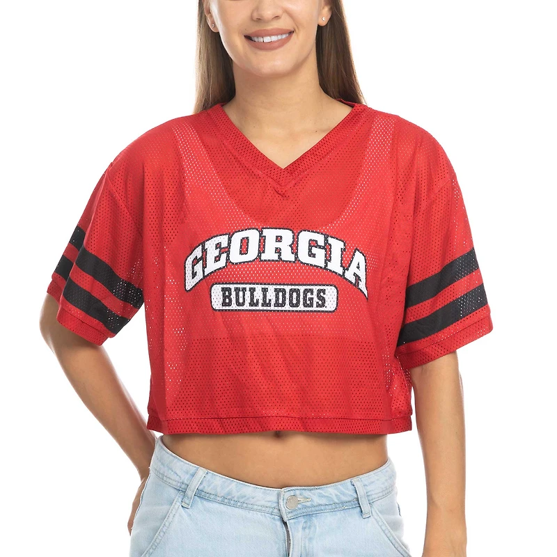 Women's ZooZatz Red Georgia Bulldogs Mesh Cropped V-Neck T-Shirt