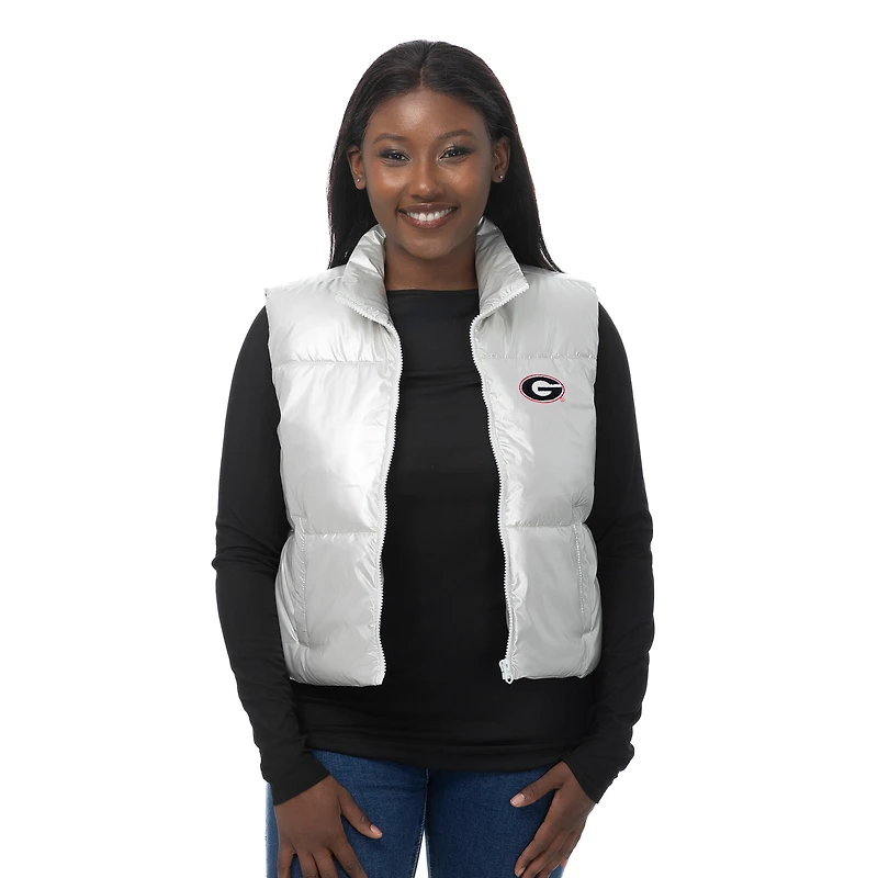 Women's ZooZatz Silver Georgia Bulldogs Metallic Cropped Full-Zip Sleeveless Puffer Vest