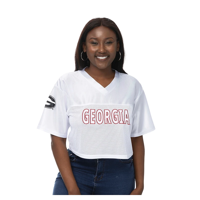 Women's ZooZatz White Georgia Bulldogs Mesh Cropped V-Neck T-Shirt