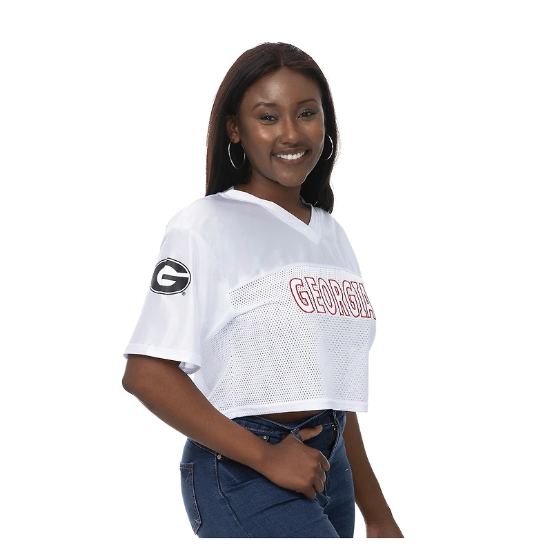 Women's ZooZatz White Georgia Bulldogs Mesh Cropped V-Neck T-Shirt