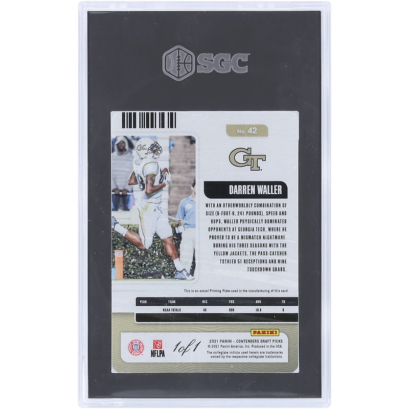 Darren Waller Georgia Tech Yellow Jackets 2021 Panini Contenders Draft Picks Magenta Printing Plate #42 #1/1 SGC Authenticated Auth Card