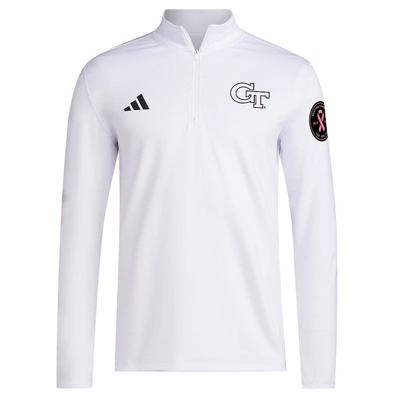 Pull zippé quart de tour adidas blanc Georgia Tech Yellow Jackets Wear Pink pour homme