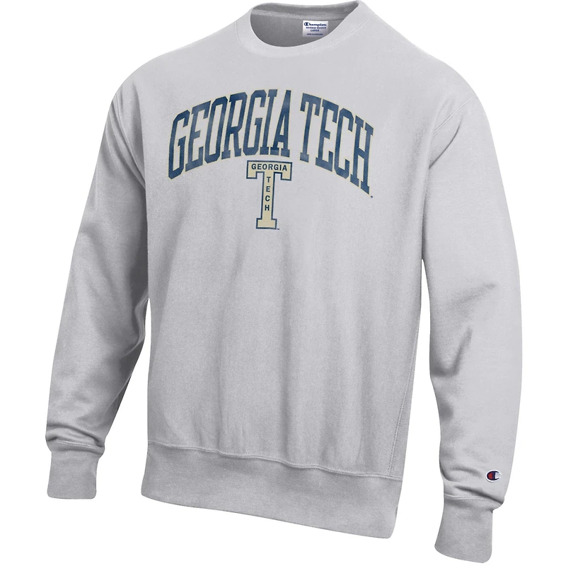 Men's Champion Gray Georgia Tech Yellow Jackets Distressed Arch Over Logo Reverse Weave Crew Neck Sweatshirt