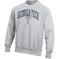 Men's Champion Gray Georgia Tech Yellow Jackets Distressed Arch Over Logo Reverse Weave Crew Neck Sweatshirt