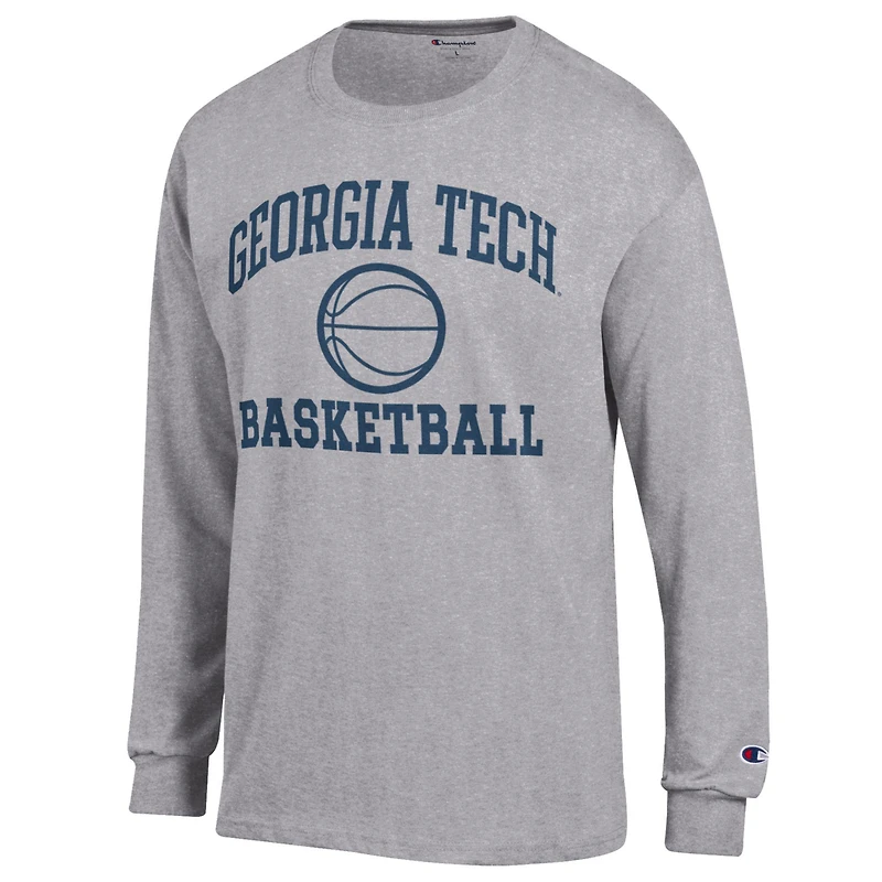 T-shirt de basket-ball à manches longues Champion Grey pour homme avec logo emblématique des Yellow Jackets Georgia Tech