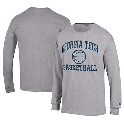 T-shirt de basket-ball à manches longues Champion Grey pour homme avec logo emblématique des Yellow Jackets Georgia Tech