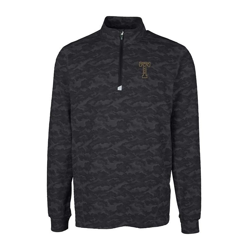 Men's Cutter & Buck Black Georgia Tech Yellow Jackets Vault Traverse Camo Print Stretch Quarter-Zip Pullover Top