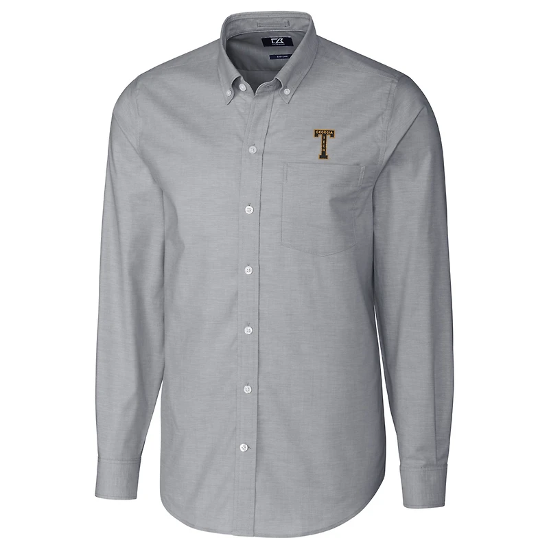 Men's Cutter & Buck Charcoal Georgia Tech Yellow Jackets Big Tall College Vault Stretch Oxford Tri-Blend Long Sleeve Button-Down Shirt