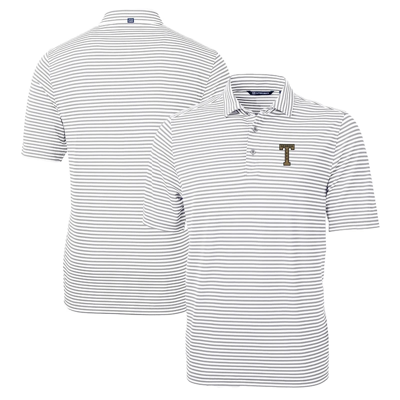 Polo Cutter & Buck Gray Georgia Tech Yellow Jackets pour homme, grandes tailles, logo de l'équipe, en piqué éco-responsable à rayures recyclées.