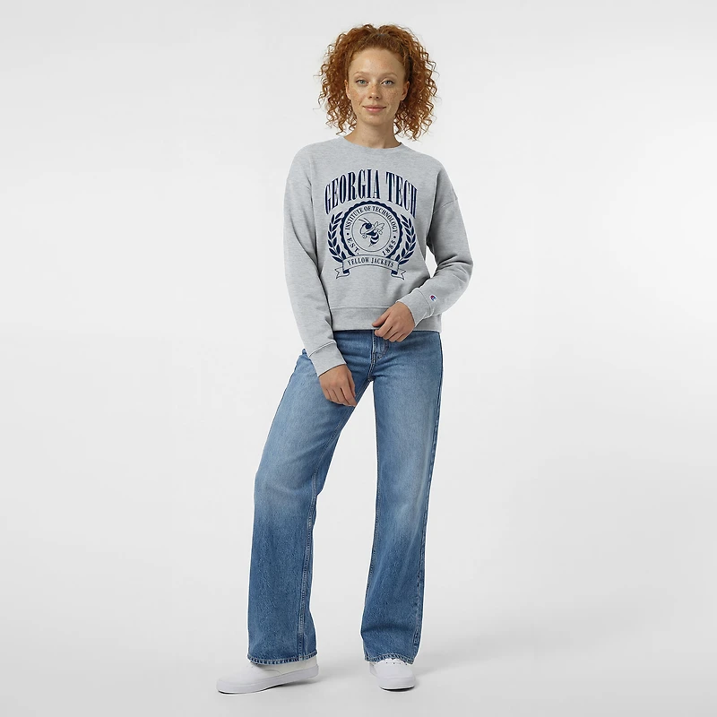 Women's Champion Heather Gray Georgia Tech Yellow Jackets Academic Crest Powerblend Crewneck Sweatshirt