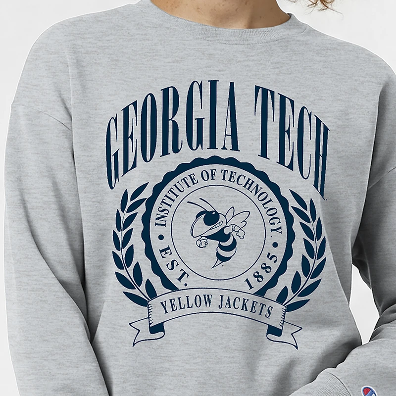 Women's Champion Heather Gray Georgia Tech Yellow Jackets Academic Crest Powerblend Crewneck Sweatshirt