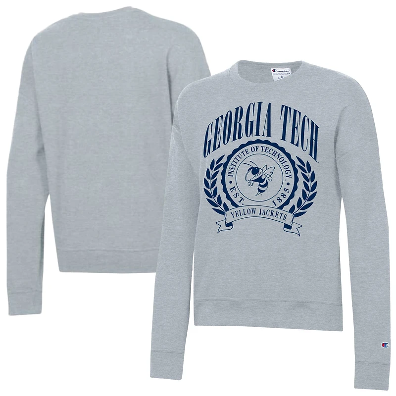 Sweat-shirt à col rond Champion pour femme, gris chiné, écusson académique des Georgia Tech Yellow Jackets, Powerblend