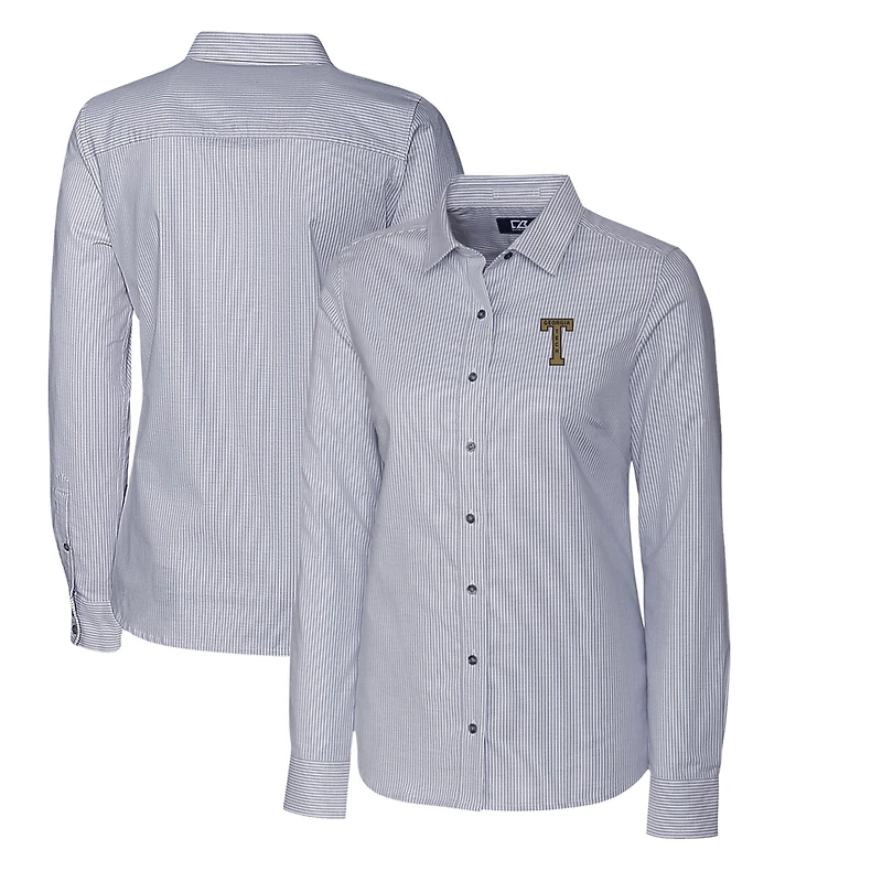 Chemise à manches longues boutonnée rayures Oxford extensibles Cutter & Buck pour femme, couleur anthracite, Georgia Tech Yellow Jackets