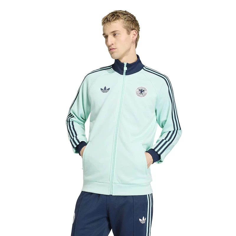 Veste de survêtement zippée adidas Originals turquoise pour homme, modèle Allemagne National Team.