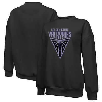 Sweat-shirt à manches longues et col rond noir pour femme, motif Golden State Valkyries, avec logo principal principal.