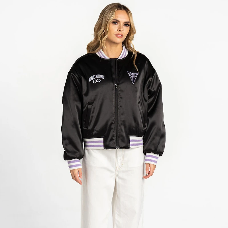 Veste bomber courte oversize en satin à fermeture éclair intégrale The Wild Collective Eclipse Black Golden State Valkyries pour femme