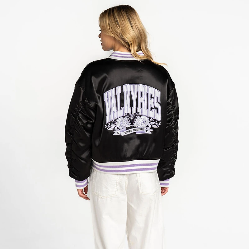 Women's The Wild Collective Eclipse Black Golden State Valkyries Oversized Cropped Satin Full-Zip Bomber Jacket