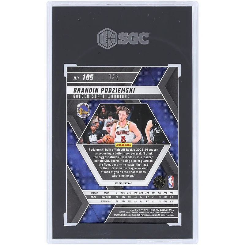 Carte de Brandin Podziemski Golden State Warriors 2024-25 Panini Mosaic Gold Glitter Prizm n° 105, authentifiée SGC (10 cartes authentifiées), numéro 1/5