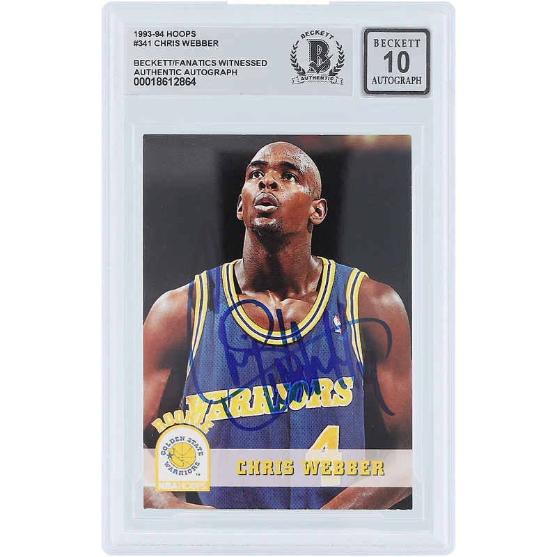 Carte de recrue 10 authentifiée par Beckett Fanatics Witnessed et signée par Chris Webber, Golden State Warriors, saison 1993-94, Skybox NBA Hoops n° 341.