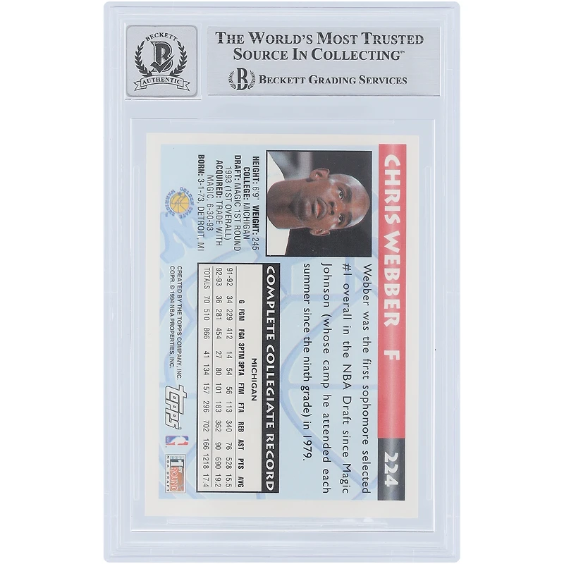Carte de recrue autographiée de Chris Webber (Golden State Warriors) Topps 1993-94 n° 224, authentifiée Beckett Fanatics Witnessed (9/10).