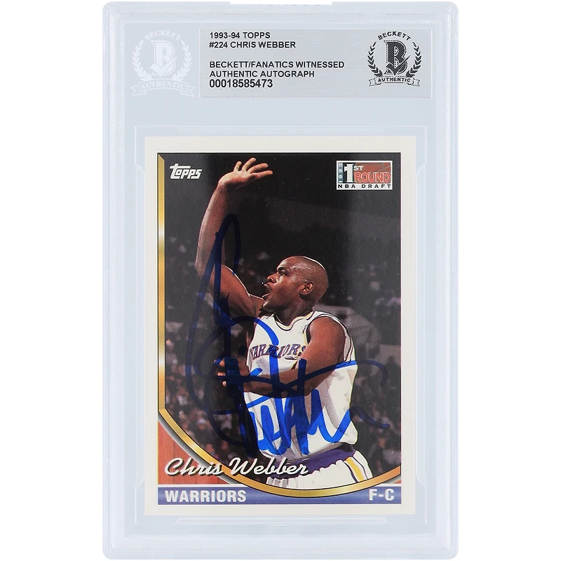 Carte de recrue autographiée de Chris Webber (Golden State Warriors) Topps 1993-94 n° 224, authentifiée par Beckett Fanatics Witnessed