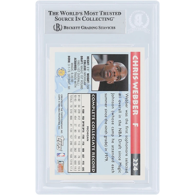 Carte de recrue autographiée de Chris Webber (Golden State Warriors) Topps 1993-94 n° 224, authentifiée par Beckett Fanatics Witnessed