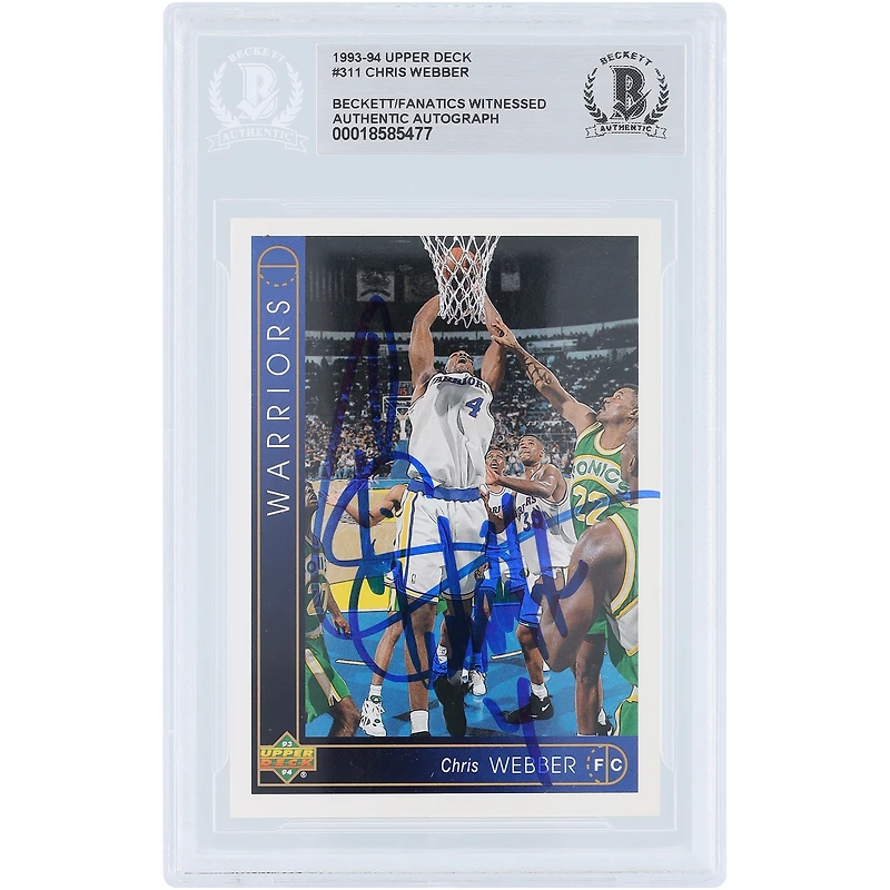 Carte de recrue authentifiée par Beckett Fanatics Witnessed, signée par Chris Webber, Golden State Warriors, saison 1993-94, Upper Deck n° 311