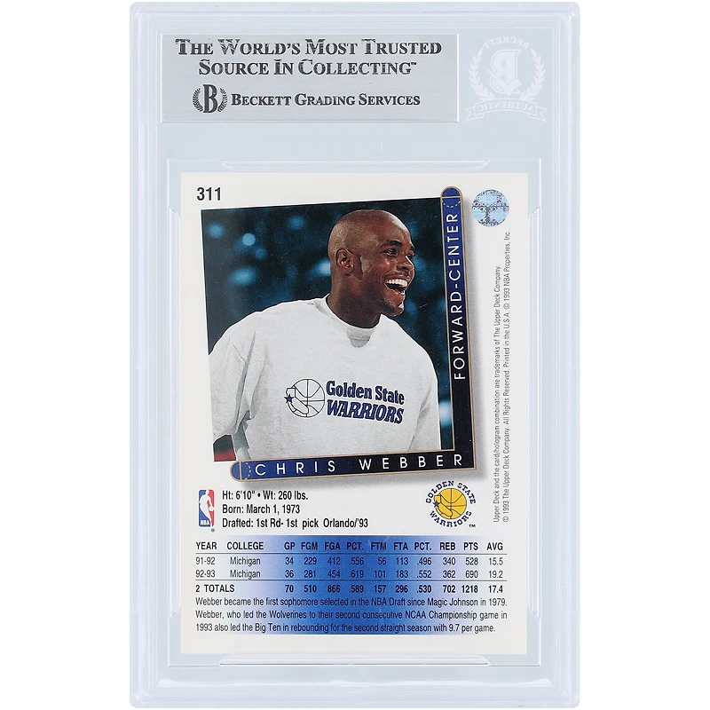 Carte de recrue authentifiée par Beckett Fanatics Witnessed, signée par Chris Webber, Golden State Warriors, saison 1993-94, Upper Deck n° 311