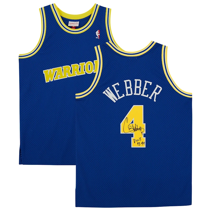 Maillot Swingman autographié par Chris Webber Golden State Warriors Royal 1993-94 Mitchell & Ness avec inscription « 92-93 ROY »