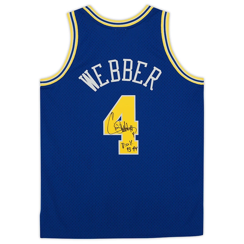 Maillot Swingman autographié par Chris Webber Golden State Warriors Royal 1993-94 Mitchell & Ness avec inscription « 92-93 ROY »