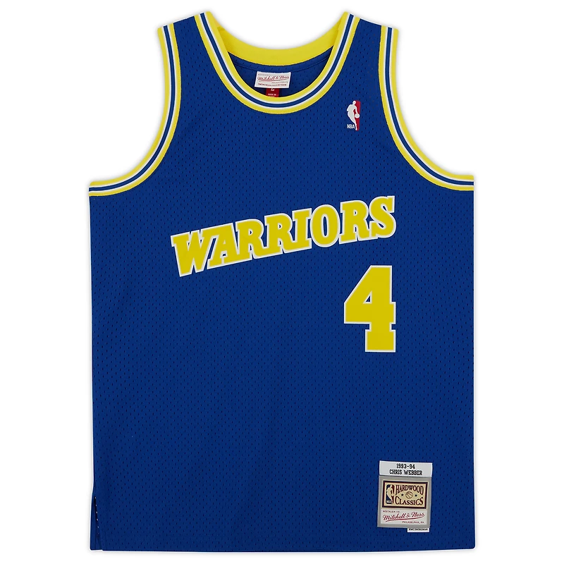 Maillot Swingman Mitchell & Ness Royal 1993-94 autographié par Chris Webber des Golden State Warriors, avec inscription « 92-93 ROY ».