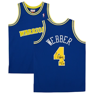 Maillot Swingman Mitchell & Ness Royal 1993-94 autographié par Chris Webber des Golden State Warriors, avec inscription « 92-93 ROY ».