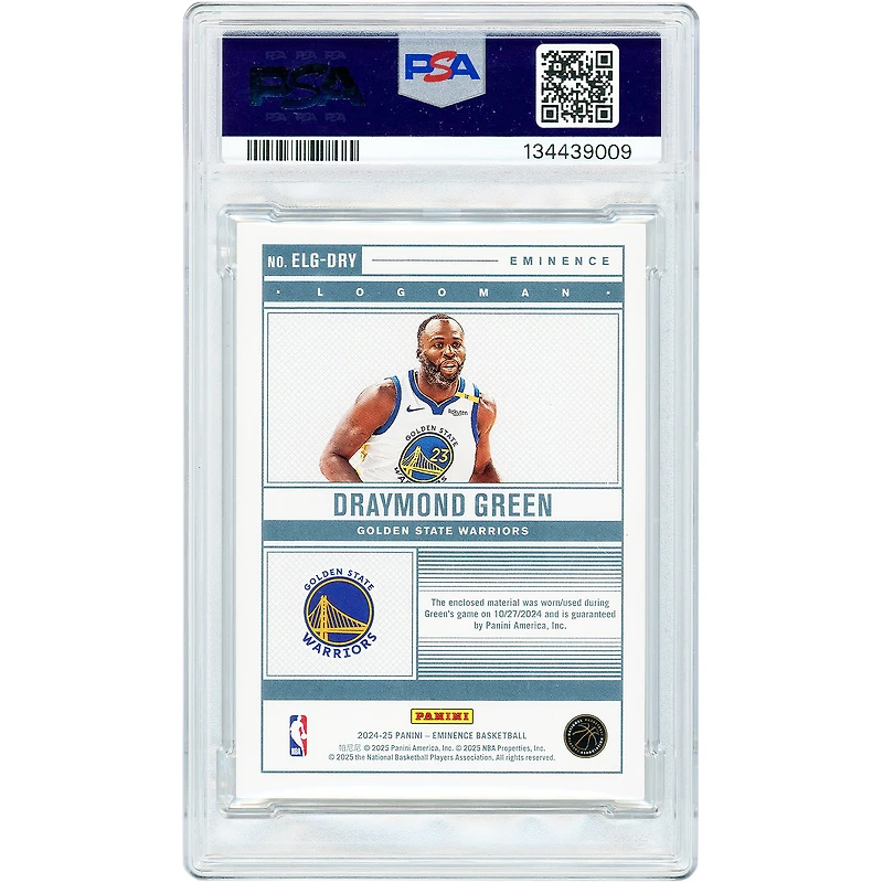 Carte Draymond Green Golden State Warriors 2024-25 Panini Eminence Game datée du 27/10/24, Platinum Game-Used Logoman Relic #ELG-DRY #1/1 authentifiée PSA 9