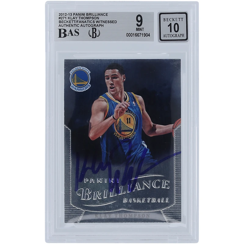 Carte de recrue Panini Brilliance #271 autographiée 2012-13 de Klay Thompson par les Golden State Warriors, Beckett Fanatics Witnessed Authenticated 9/10