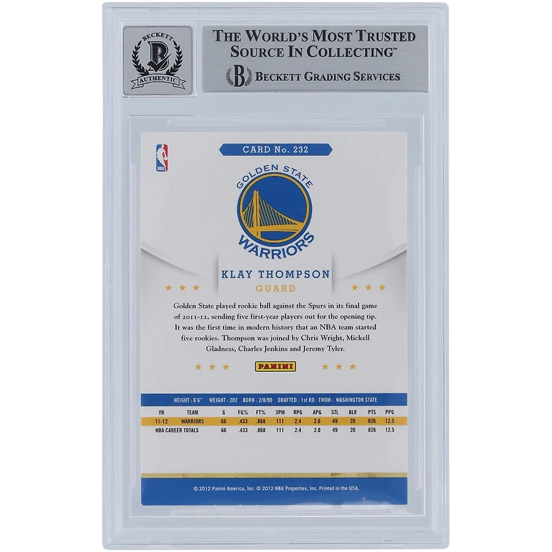 Carte de recrue Panini Hoops #232 Beckett 2012-13 autographiée par Klay Thompson des Golden State Warriors, carte de recrue authentifiée 10 par les fanatiques de Beckett