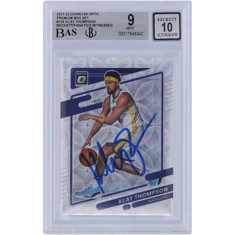 Coffret Panini Donruss Optic Premium 2021-22 autographié par Klay Thompson des Golden State Warriors, lunette de visée n° 124, n° 249, Beckett Fanatics, carte 9/10 authentifiée et témoin