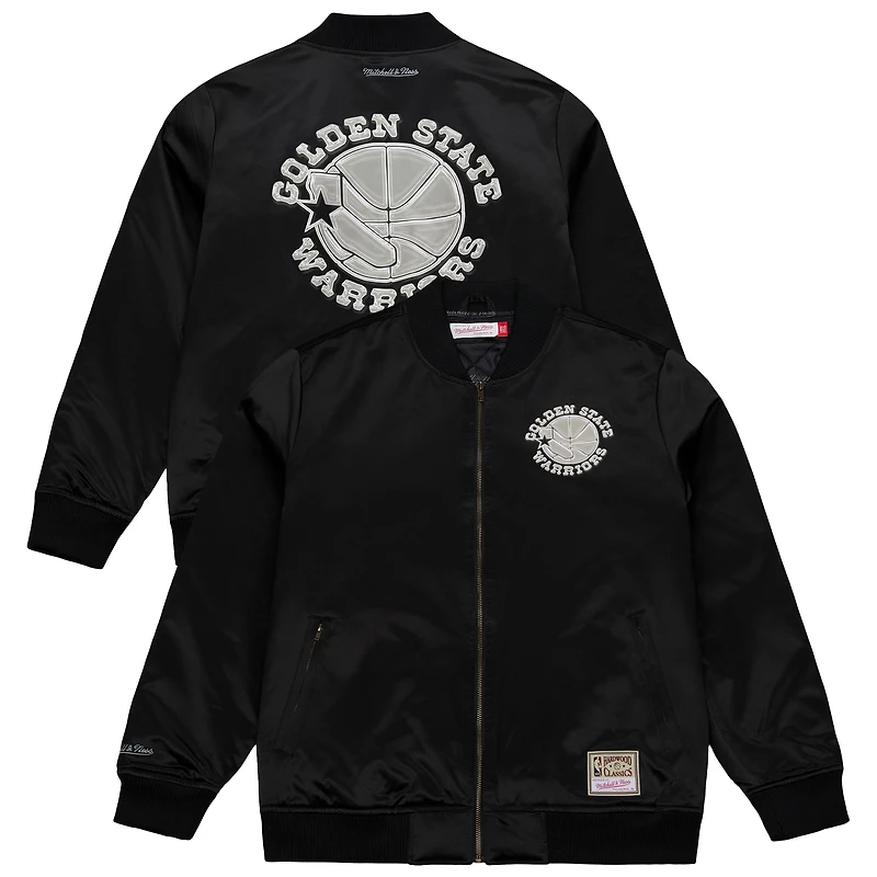 Men's Mitchell & Ness Black Golden State Warriors Chrome Satin Bomber Full-Zip Jacket