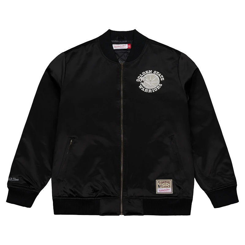 Men's Mitchell & Ness Black Golden State Warriors Chrome Satin Bomber Full-Zip Jacket