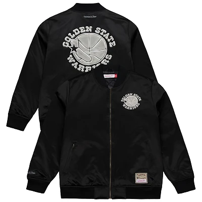 Men's Mitchell & Ness Black Golden State Warriors Chrome Satin Bomber Full-Zip Jacket