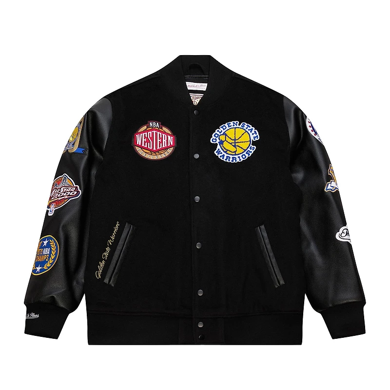 Men's Mitchell & Ness Black Golden State Warriors Hardwood Classics Blackout Collection Full-Snap Varsity Jacket