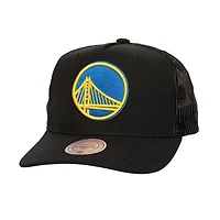 Casquette réglable de camionneur en maille à monogramme noir Golden State Warriors Mitchell & Ness pour hommes