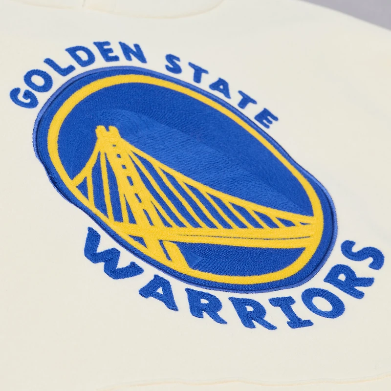 Men's Mitchell & Ness Cream Golden State Warriors Hardwood Classics Chainstitch Premium Fleece Hoodie