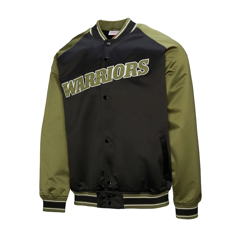 Men's Mitchell & Ness Olive/Black Golden State Warriors Clutch Satin Raglan Full-Snap Jacket