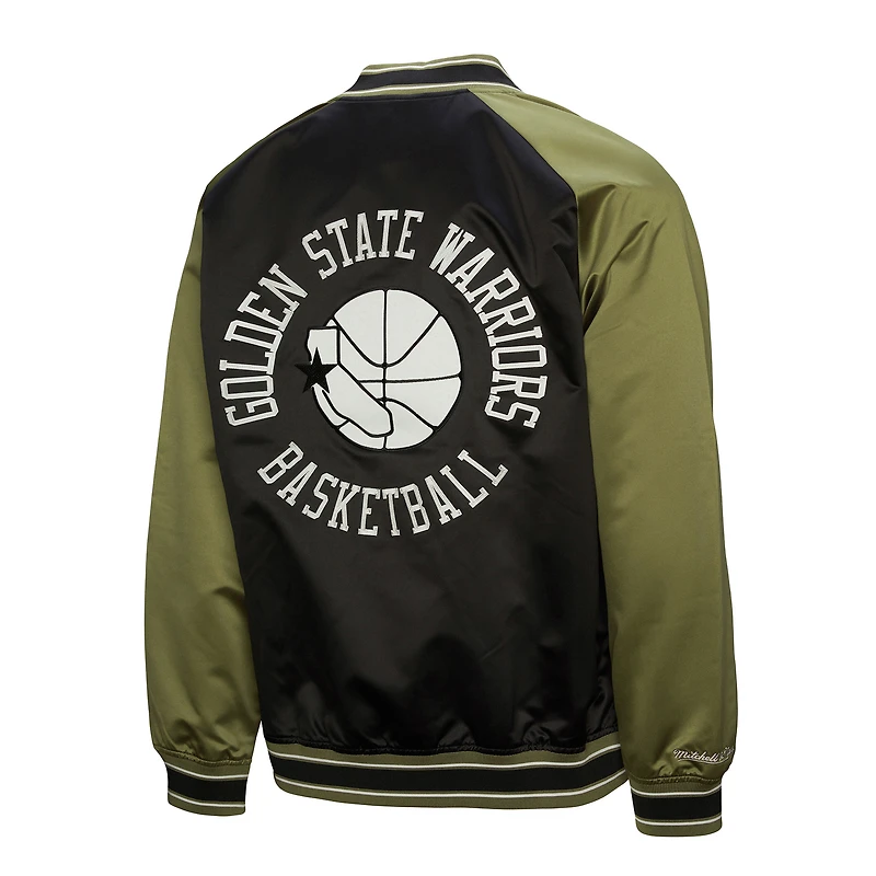 Men's Mitchell & Ness Olive/Black Golden State Warriors Clutch Satin Raglan Full-Snap Jacket