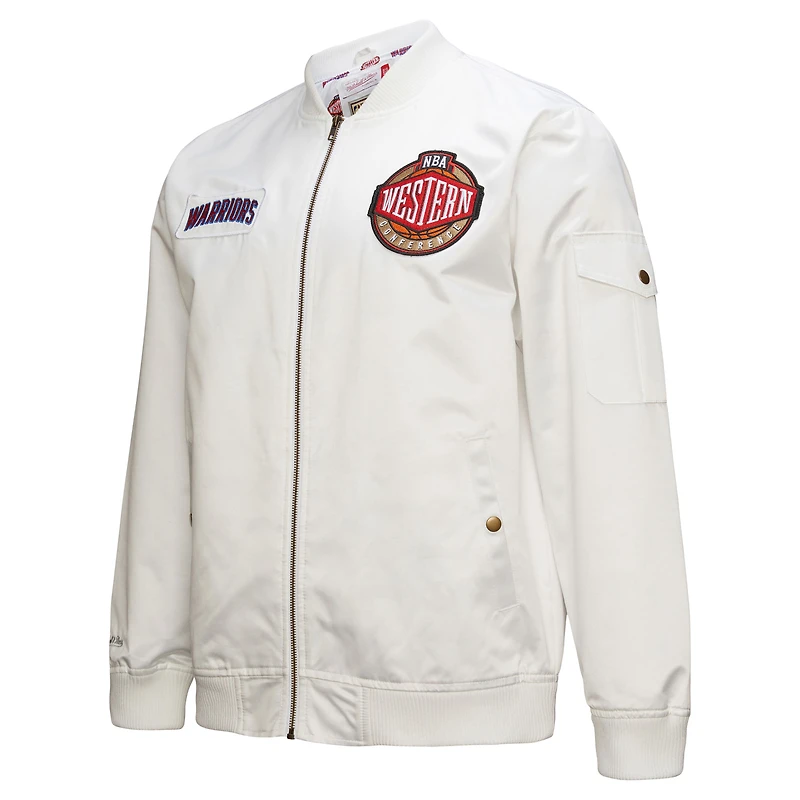 Veste zippée en satin blanc pour homme Mitchell & Ness Golden State Warriors Hardwood Classics Nights Team Leader