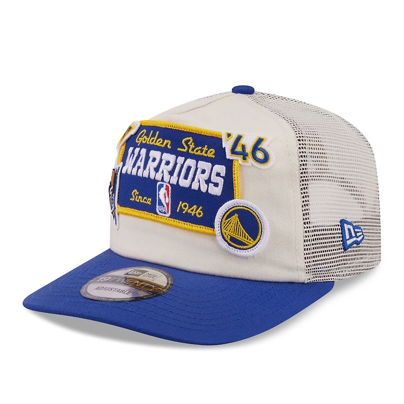 Men's New Era Cream Golden State Warriors Layered Patch 19TWENTY Adjustable Hat
