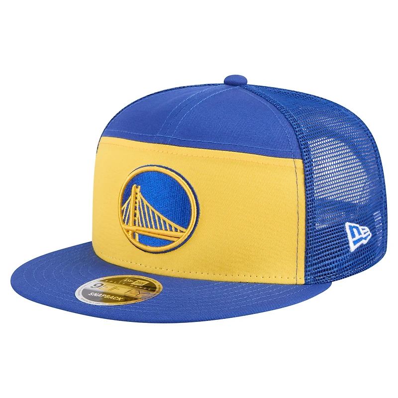 Casquette snapback 9FIFTY extérieure à panneaux fendus New Era pour homme, couleur or/bleu royal, Golden State Warriors