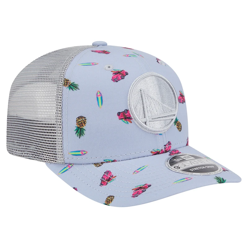 Casquette extensible à bouton-pression New Era bleu clair/gris pour homme, motif Aloha Adventure 9SEVENTY des Golden State Warriors