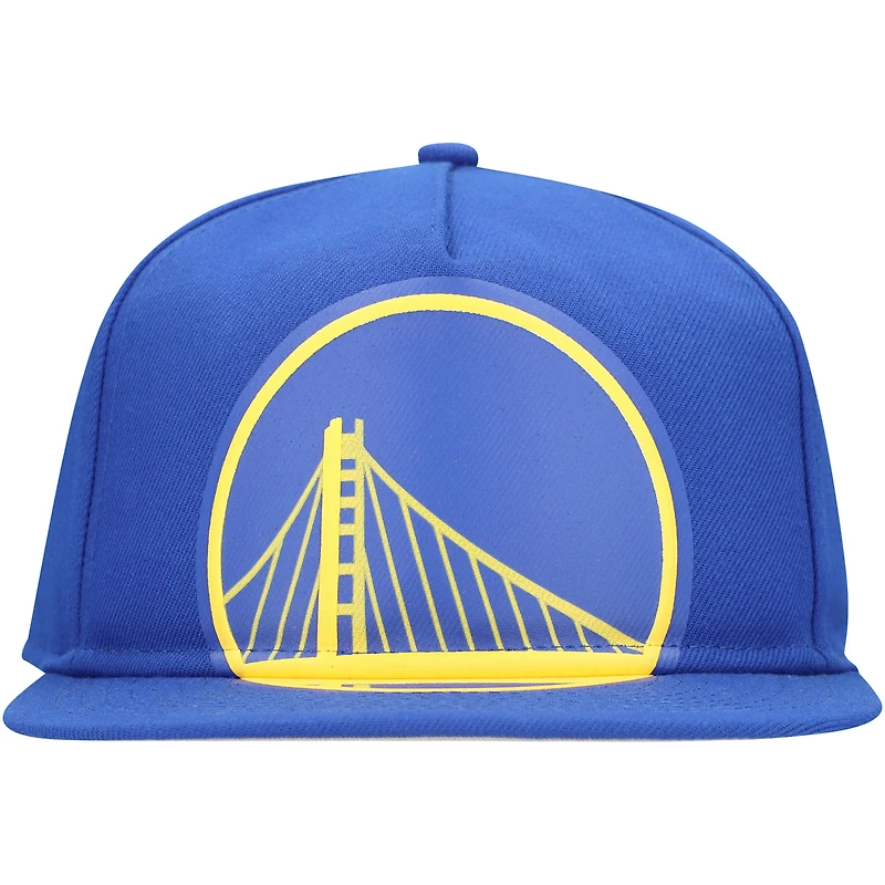 Casquette snapback surdimensionnée avec logo imprimé bouffant Royal Golden State Warriors New Era pour homme